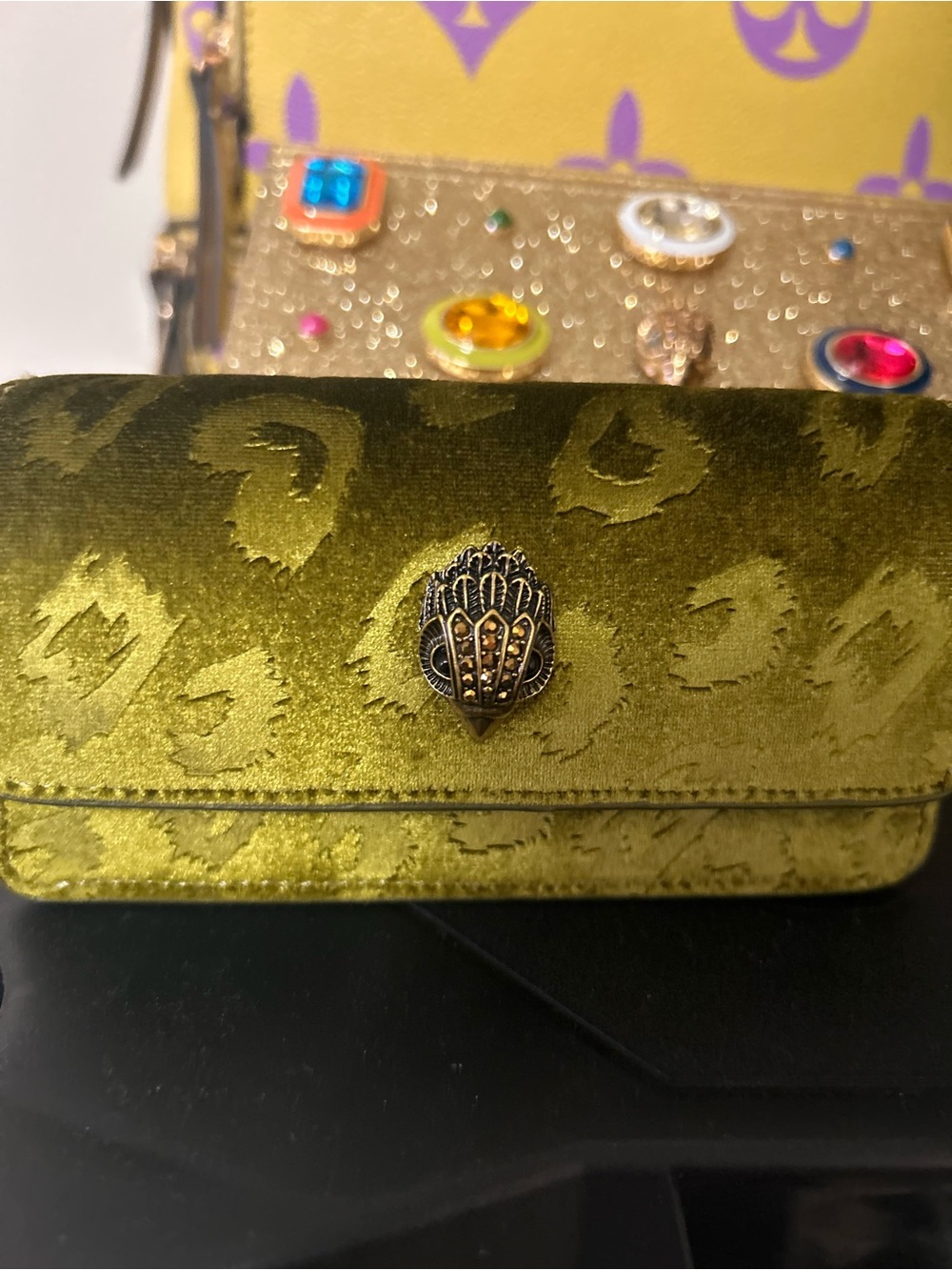 Kurt Geiger Velvet Clutch in Olive Green with Decorative Emblem